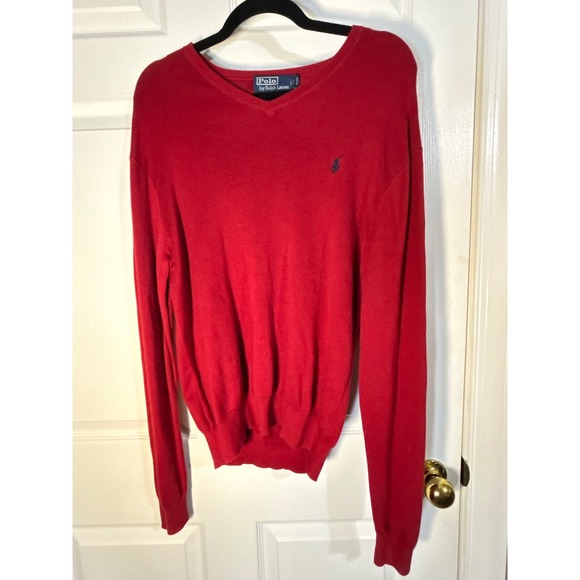 Polo Ralph Lauren Red V Neck Cotton‎ Sweater Men's Size L Long Sleeve